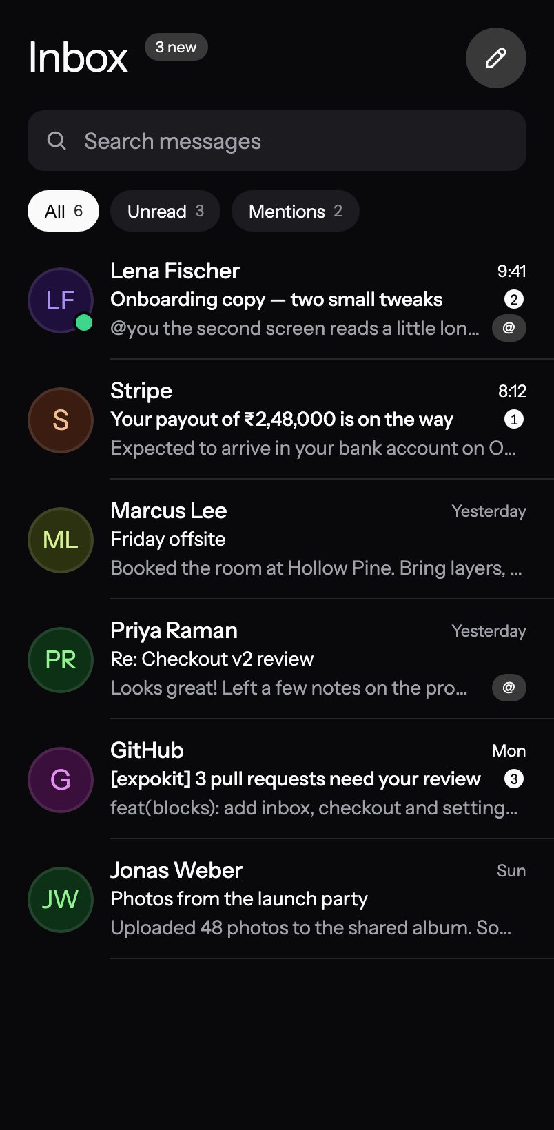 Inbox screen