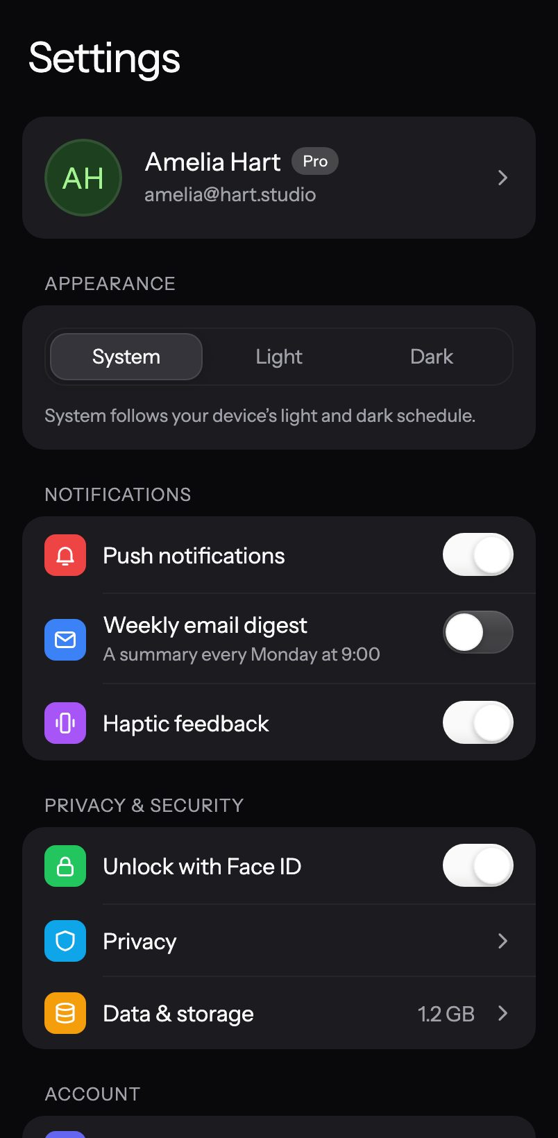 Settings screen